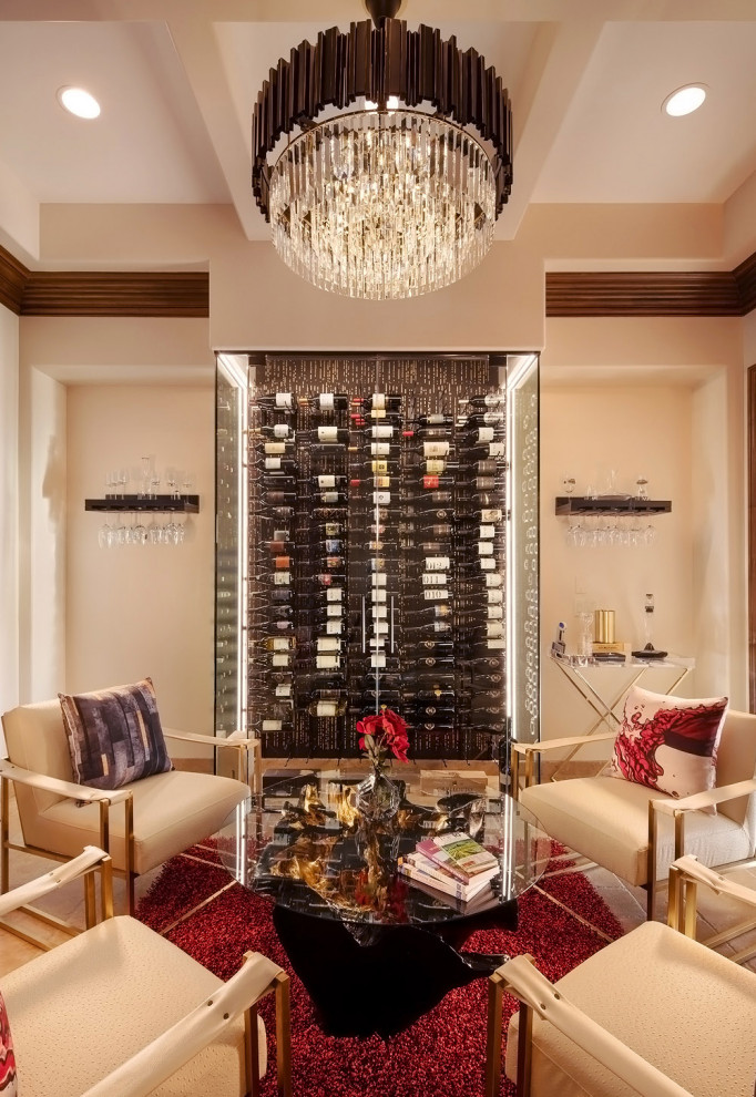 Inspiration for a mid-sized modern wine cellar in Phoenix with porcelain floors, storage racks and multi-coloured floor.