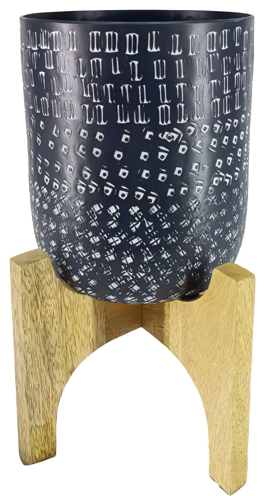 Benzara UPT-272900 Round Hammered Metal Planter Pot With Wood Arch Stand, Blue