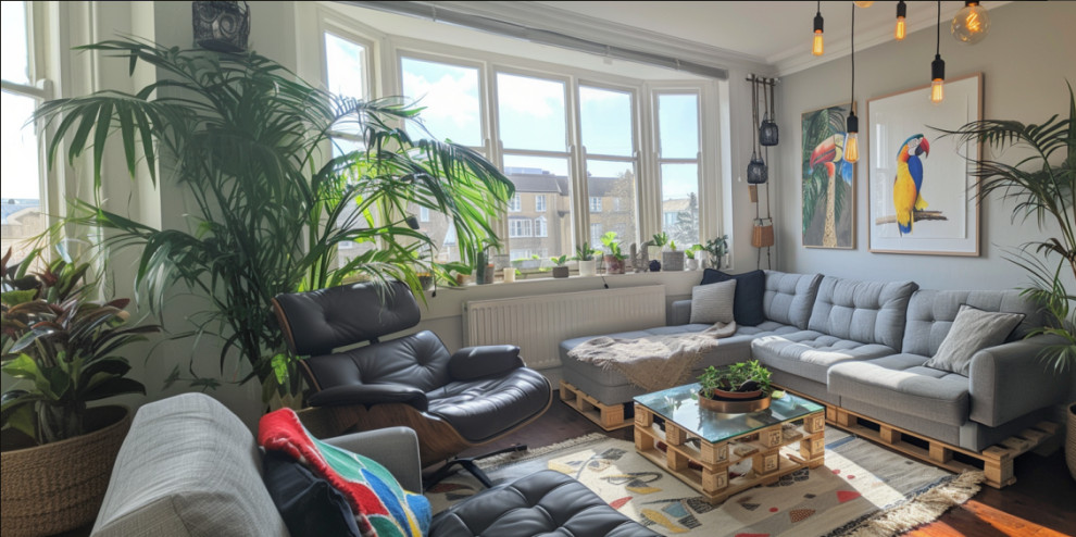 Mittelgroßes, Offenes Skandinavisches Wohnzimmer mit grauer Wandfarbe und dunklem Holzboden in London