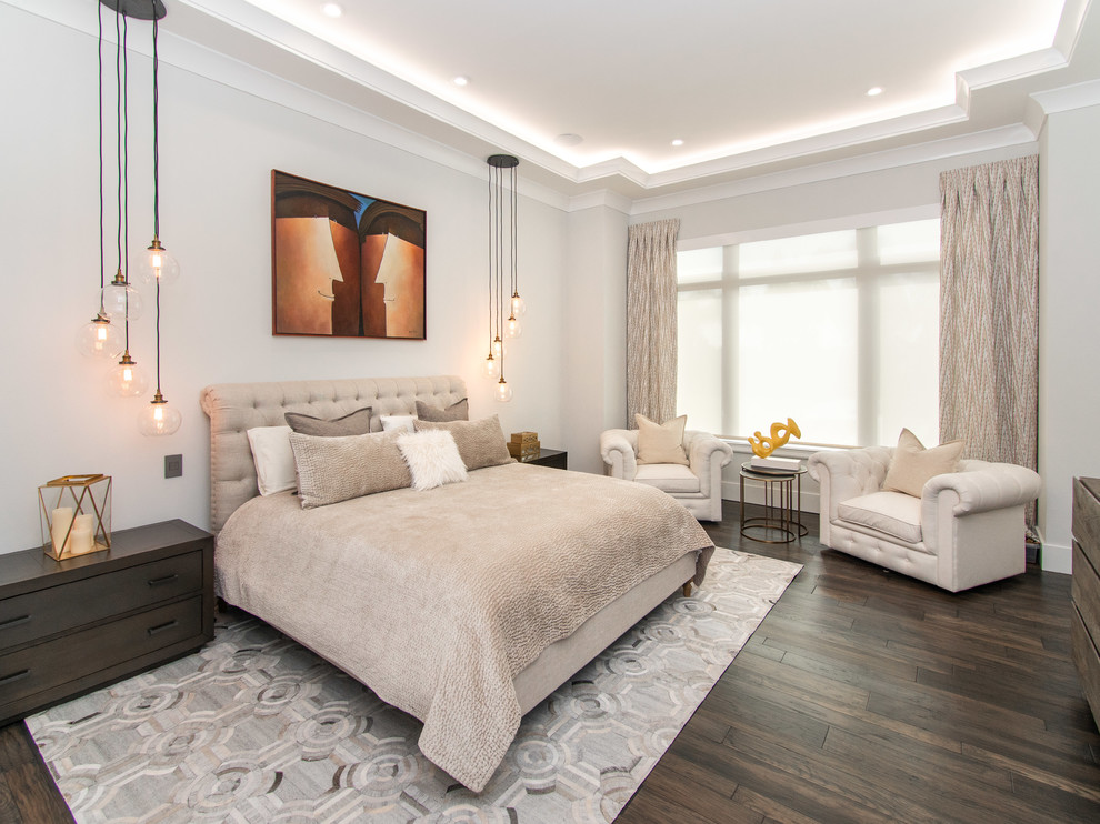 This is an example of a contemporary master bedroom in Tampa with grey walls, dark hardwood floors, no fireplace and brown floor.