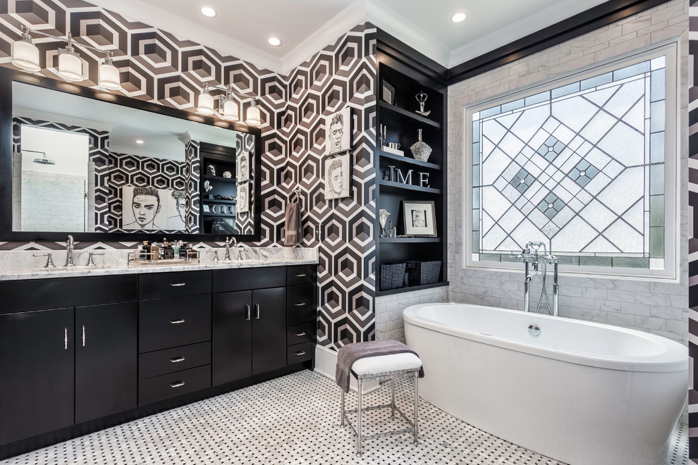 This is an example of a transitional bathroom in Other with flat-panel cabinets, black cabinets, a freestanding tub, multi-coloured walls, an undermount sink, multi-coloured floor and white benchtops.