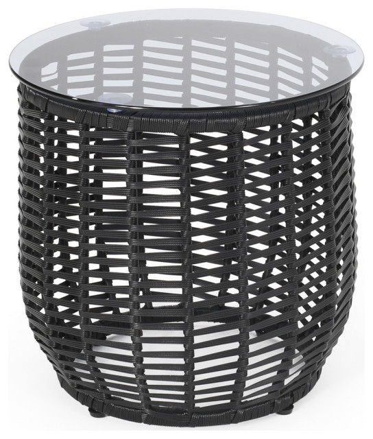 Boynton Wicker Side Table With Tempered Glass Top Tropical Outdoor