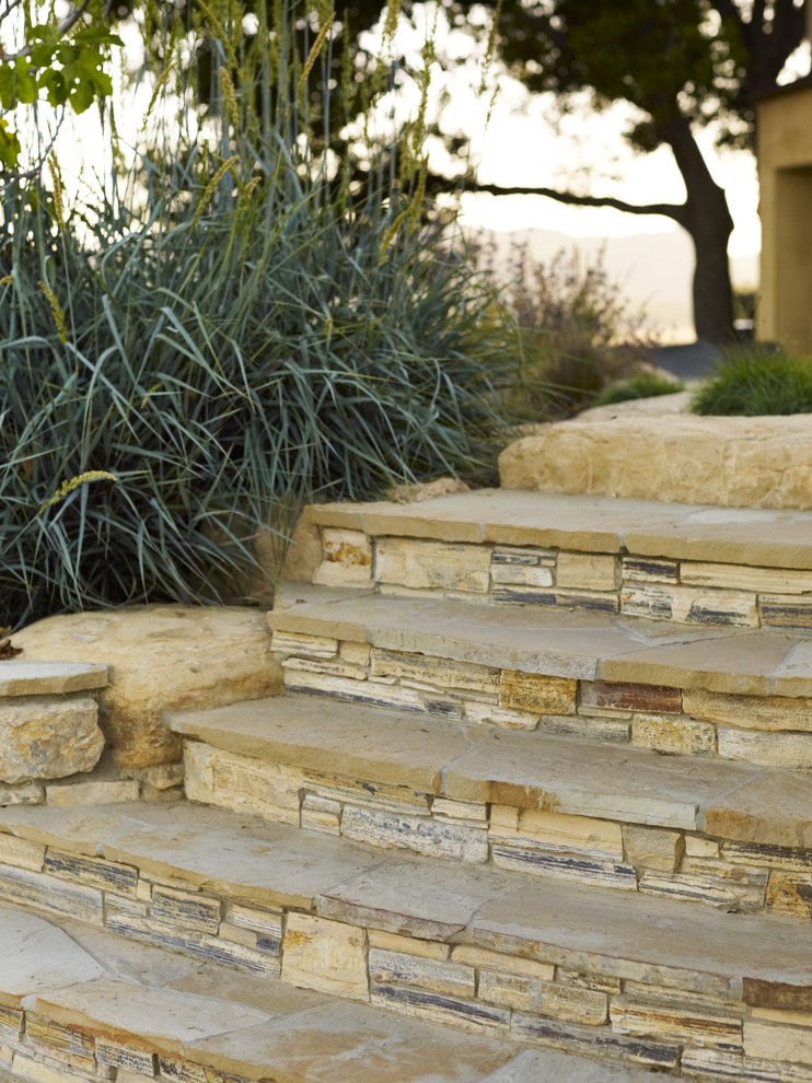 Inspiration for a large contemporary sloped partial sun garden in San Luis Obispo with natural stone pavers and a garden path.