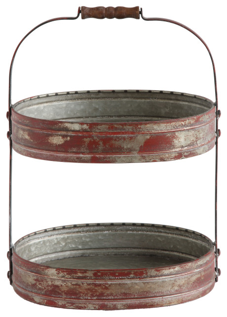 Red Metal Oval 2 Tier Tray With Handle