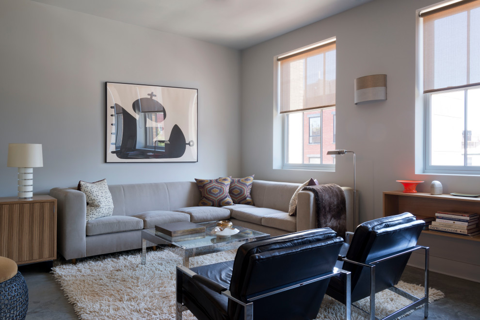 This is an example of a contemporary living room in New York with grey walls and grey floor.