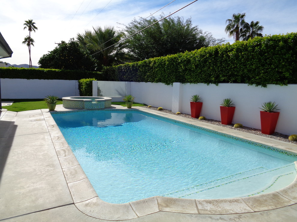 Photo of an expansive midcentury backyard custom-shaped natural pool in Other with a water feature and concrete slab.