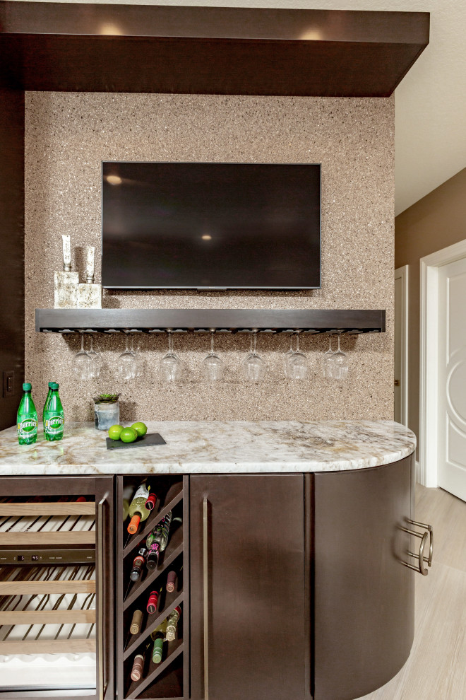 Inspiration for a large transitional l-shaped beige floor eat-in kitchen remodel with an undermount sink, flat-panel cabinets, dark wood cabinets, marble countertops, multicolored backsplash, marble backsplash, paneled appliances, an island and multicolored countertops