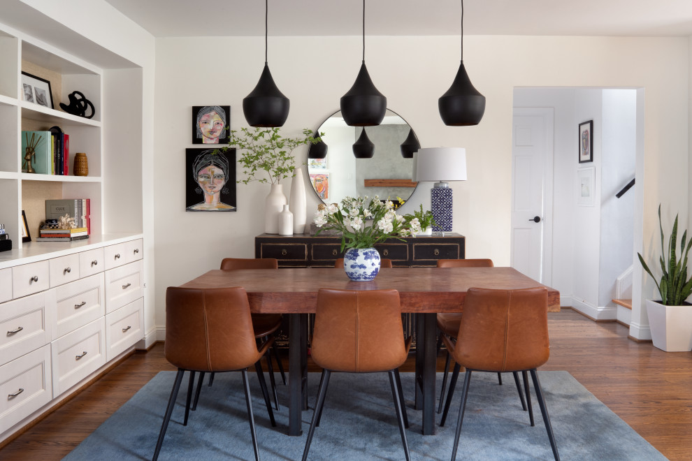 Eclectic open plan dining in DC Metro with white walls.
