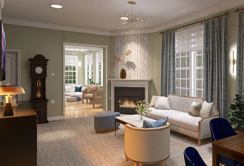 Пример оригинального дизайна: гостиная комната в стиле неоклассика (современная классика) с зелеными стенами, ковровым покрытием, угловым камином и фасадом камина из каменной кладки