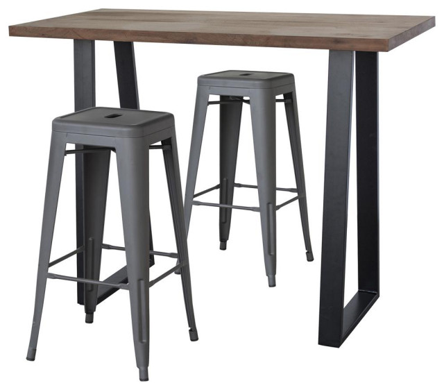 Top Bar Height Pub Set With Matte Dark Pewter Bar Stools, 3 Piece Set
