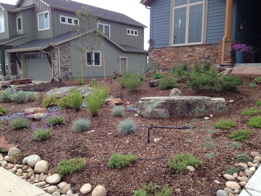 Photo of a large eclectic front yard full sun xeriscape in Denver with a garden path and natural stone pavers.