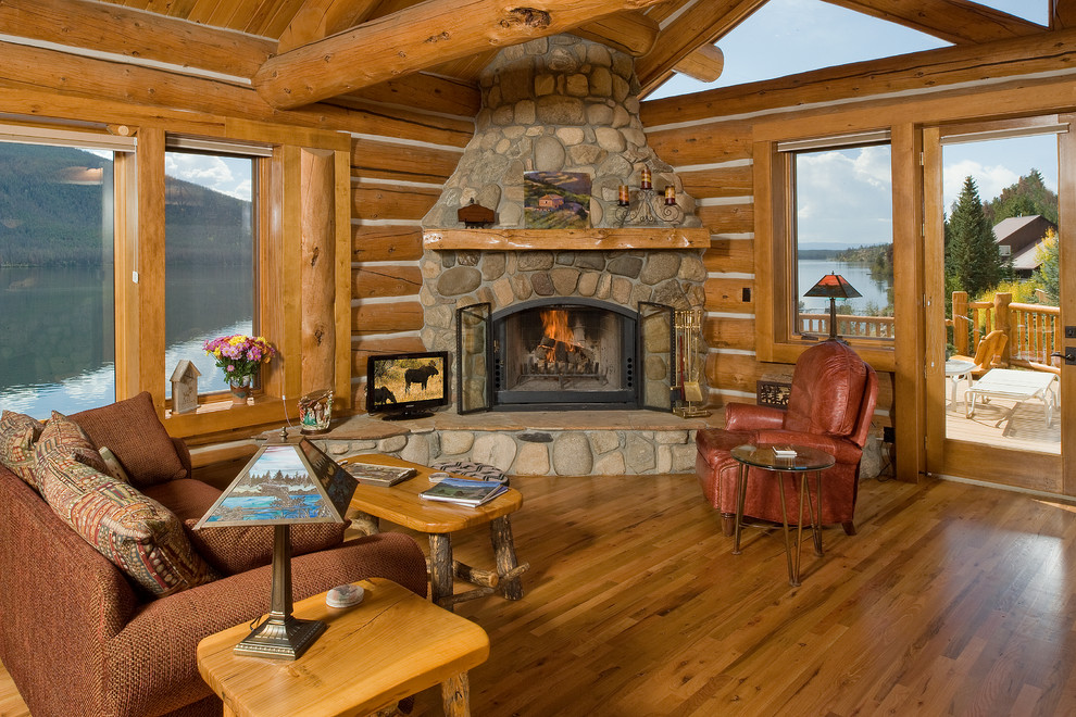 Country living room in Denver with a corner fireplace.