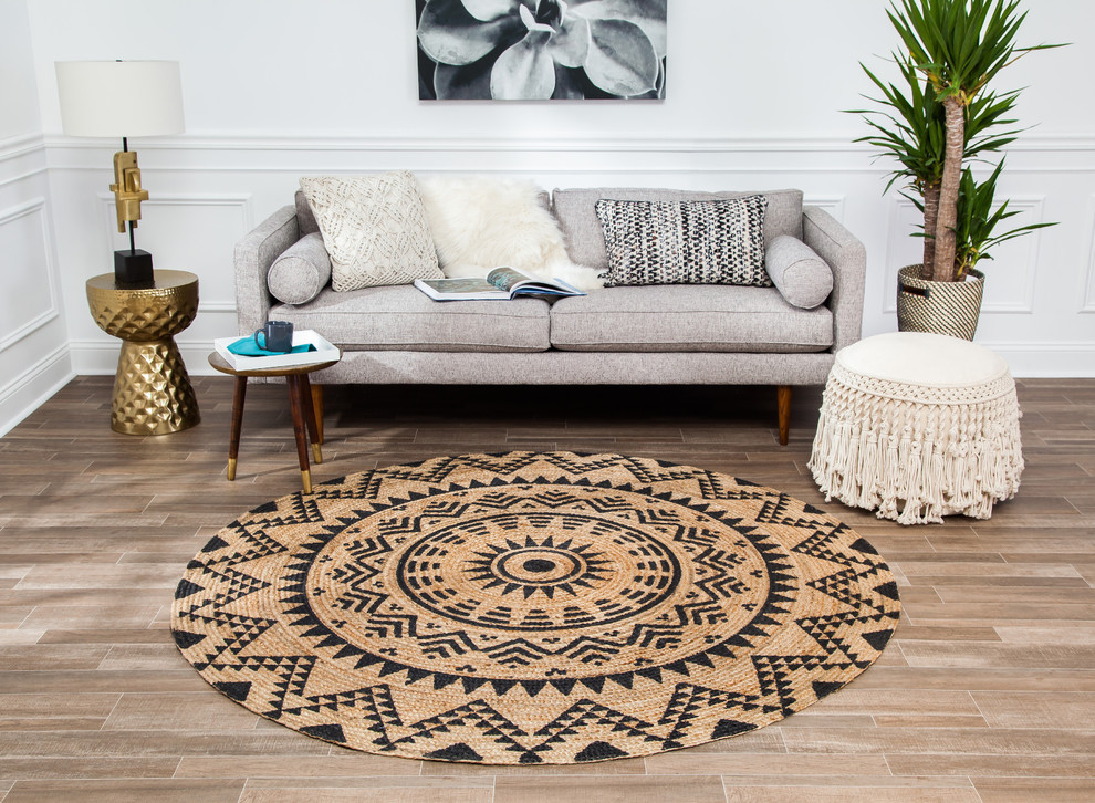 Jute Round Tribal Circle Black Print, 4' Southwestern Area Rugs