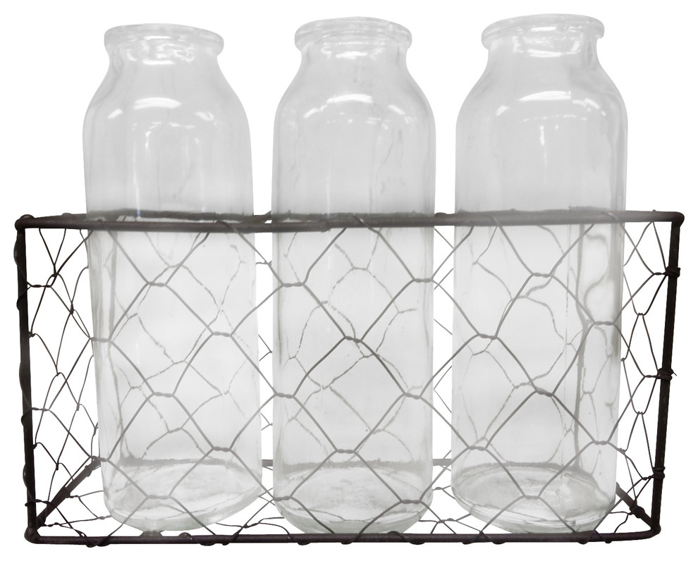 Three Tall Narrow Glass Bottles in Metal Mesh Holder Traditional