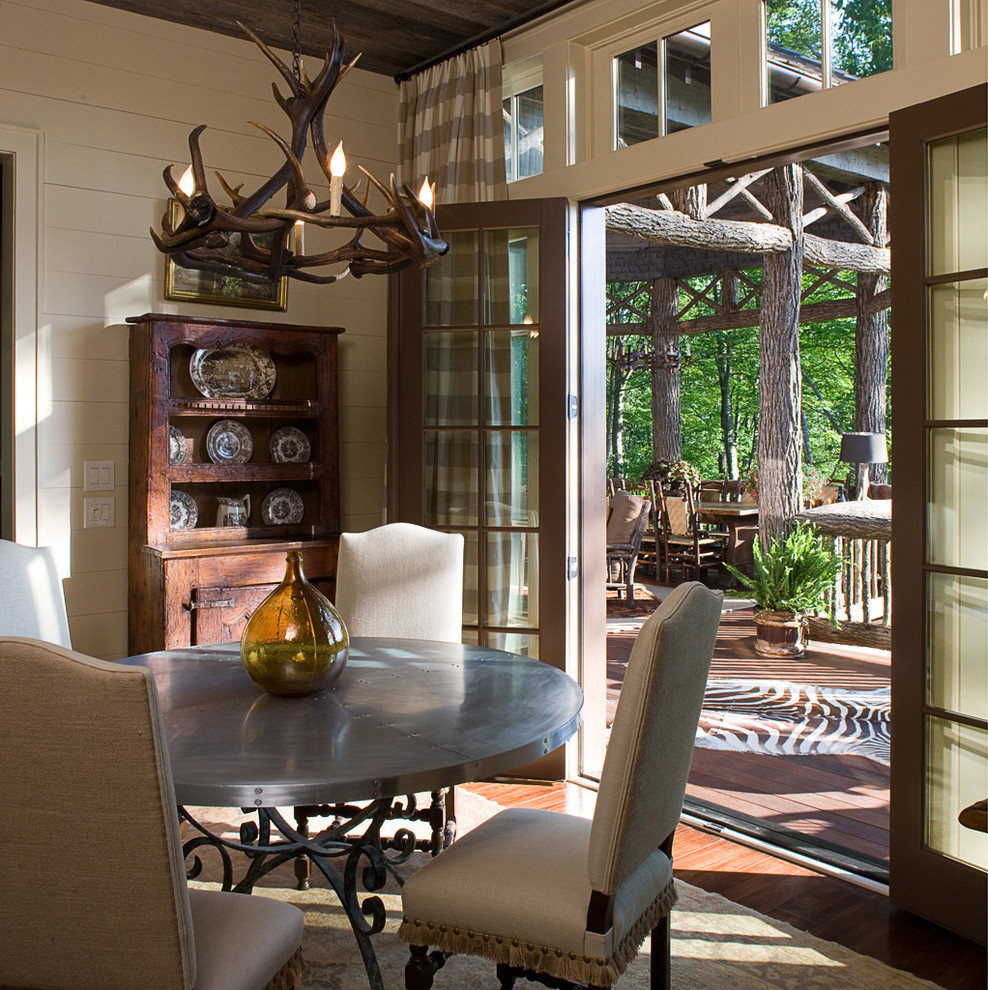 Design ideas for a traditional dining room in Atlanta with beige walls and dark hardwood floors.