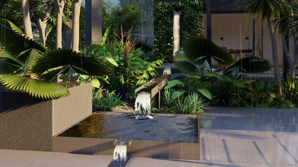 Idéer för en stor exotisk trädgård i delvis sol på sommaren, med en fontän och marksten i betong