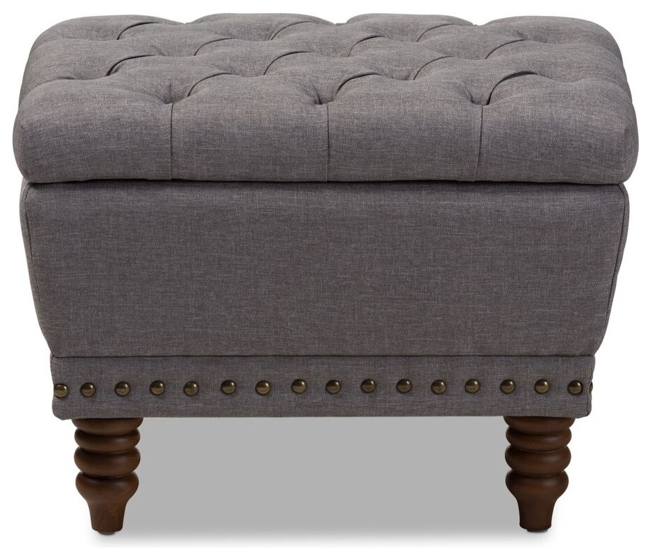 Annabelle Upholstered Walnut Wood Finished Button-Tufted Storage Ottoman