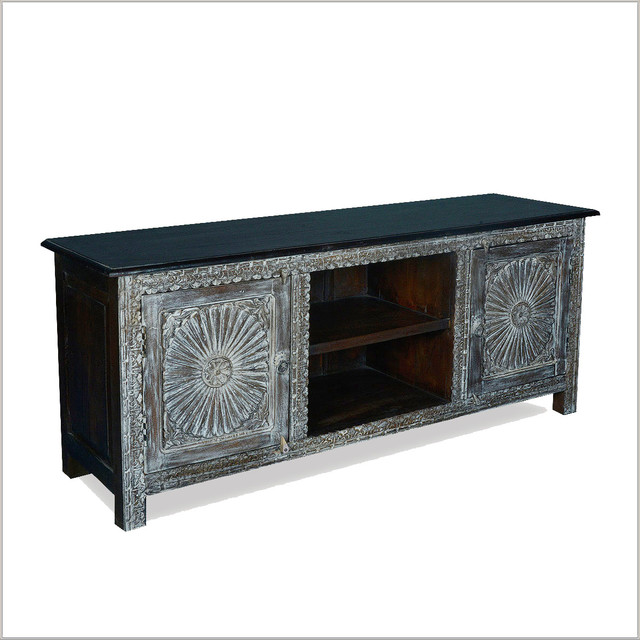 Traditional Hand Carved Reclaimed Wood Tv Media Console Cabinet Home Design Jpg