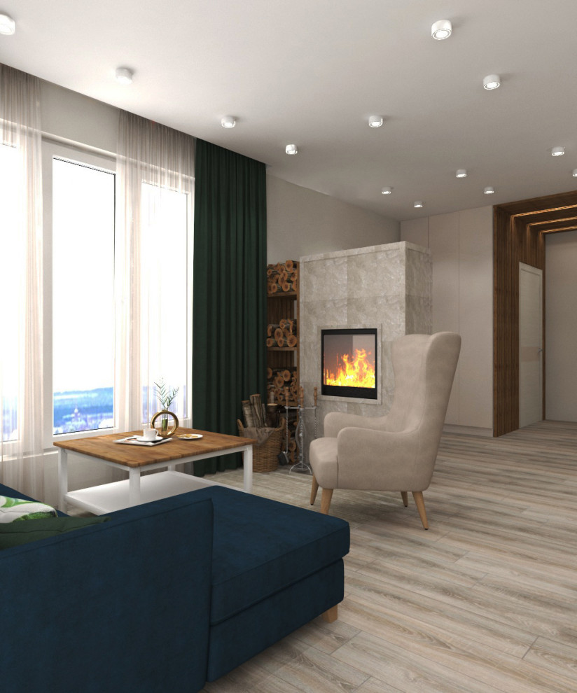 Дизайн кухни-гостиной с тропическими обоями