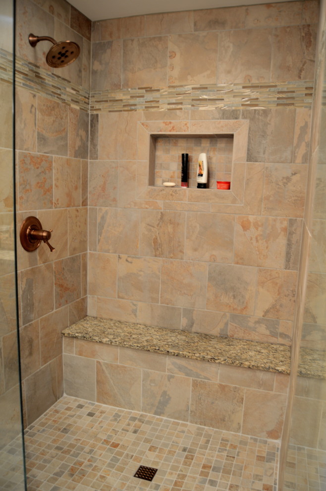 This is an example of a small transitional master bathroom in Atlanta with an undermount sink, raised-panel cabinets, medium wood cabinets, granite benchtops, an alcove shower, a one-piece toilet, beige tile, porcelain tile, yellow walls and porcelain floors.