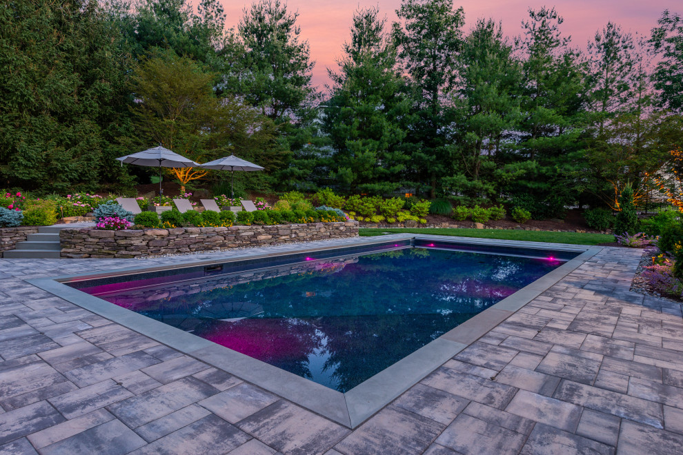 Ispirazione per una piscina chic rettangolare di medie dimensioni e dietro casa con paesaggistica bordo piscina e pavimentazioni in cemento