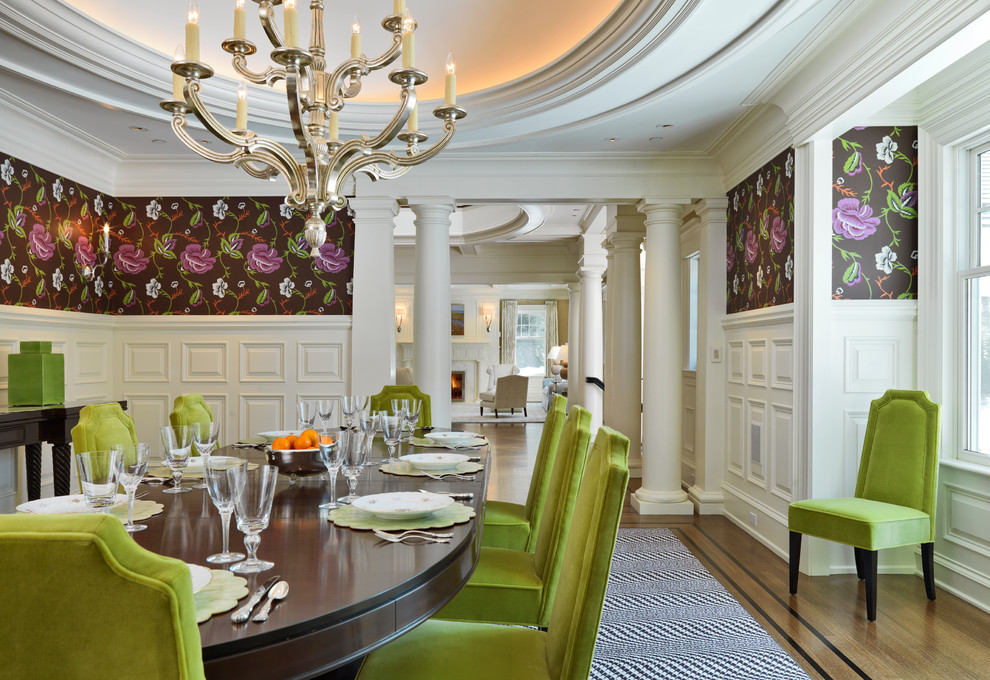 Photo of a traditional dining room in Boston with multi-coloured walls.
