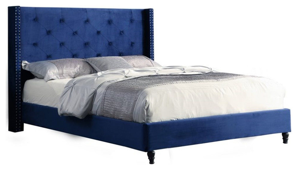 Best Master Furniture Valentina Velvet Fabric Wingback Platform Full Bed in Navy