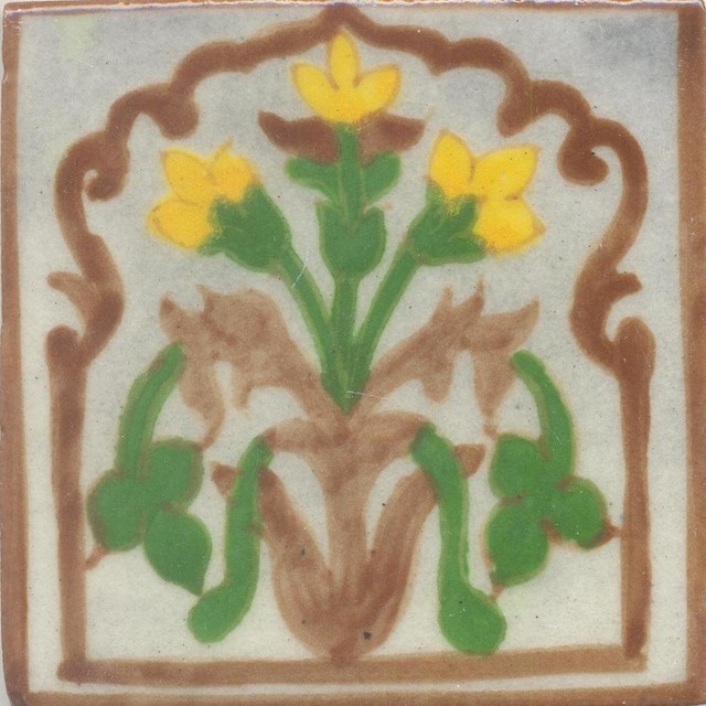 4"x4" Yellow Flower and Green Leaf and Brown Tiles, Set of 6