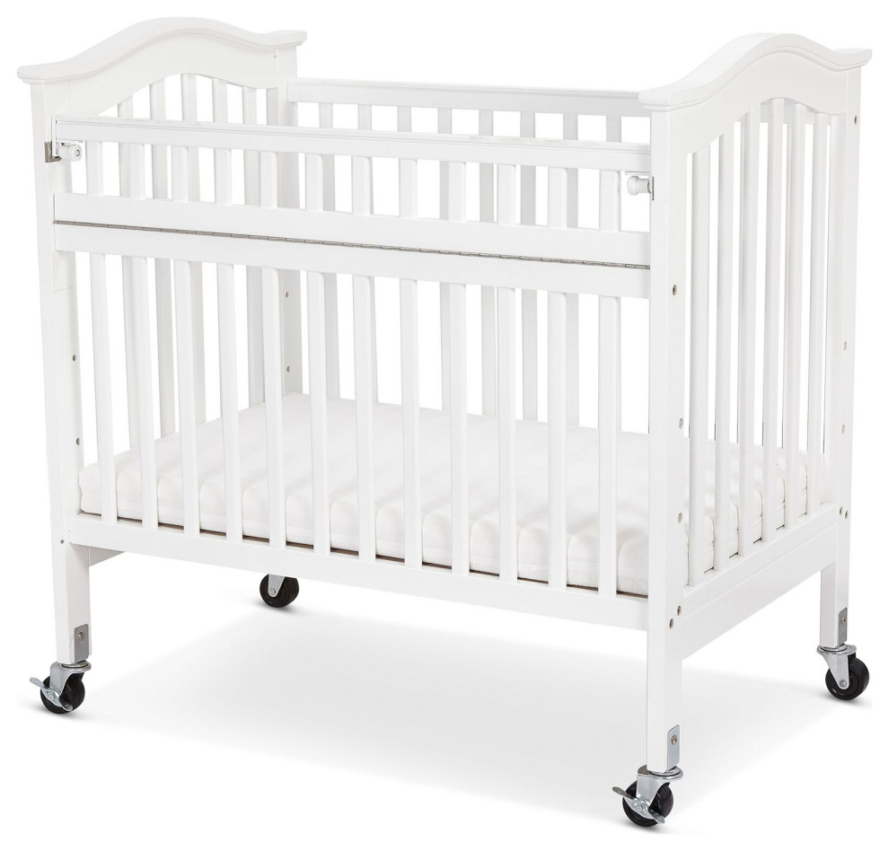 Benzara Slatted Wood and Metal Crib with Casters and Safety Gate, White