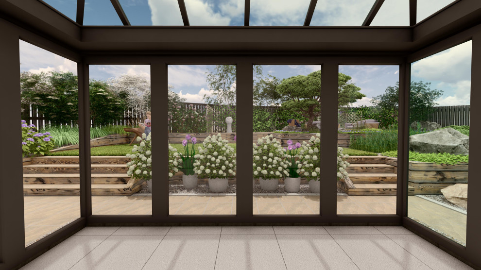 Immagine di un giardino xeriscape minimal esposto in pieno sole di medie dimensioni e dietro casa in inverno con un muro di contenimento, pavimentazioni in pietra naturale e recinzione in legno