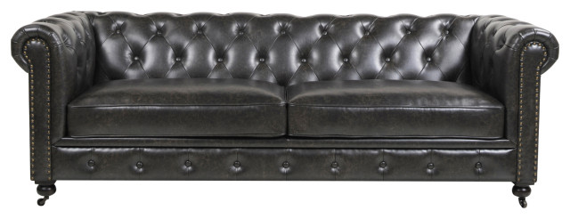 Winston 91 Tufted Chesterfield Sofa, Black Faux Leather Tufted Sofa