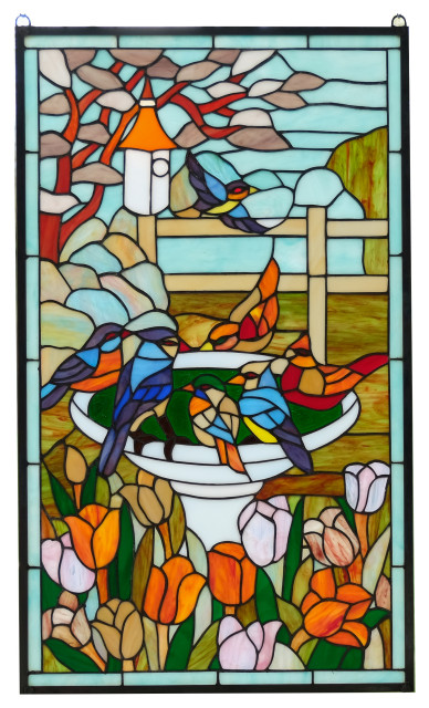 Stained Glass Window Panel Bird Bath With Flowers 5 X 34 75 Traditional Stained Glass Panels By Three Mountain International Inc Houzz