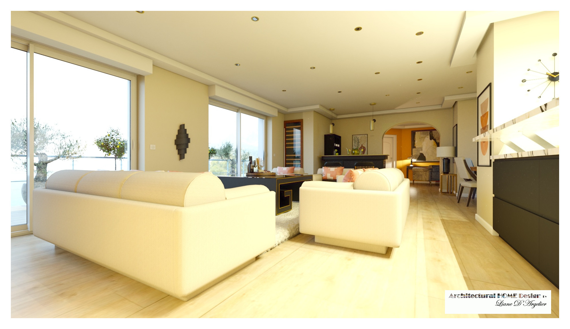 Living 60 m² chic avec cuisine ouverte.