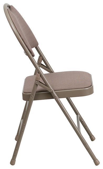 Triple Braced Beige Fabric Metal Folding Chair With Easy-Carry Handle, Set of 2