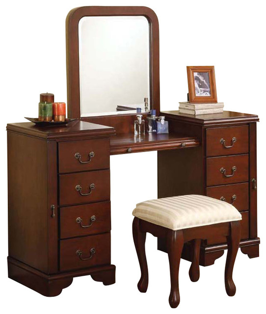 Cherry Louis Philipe 3-Piece Large Drawer Vanity Set Make-Up Table Bench Mirror