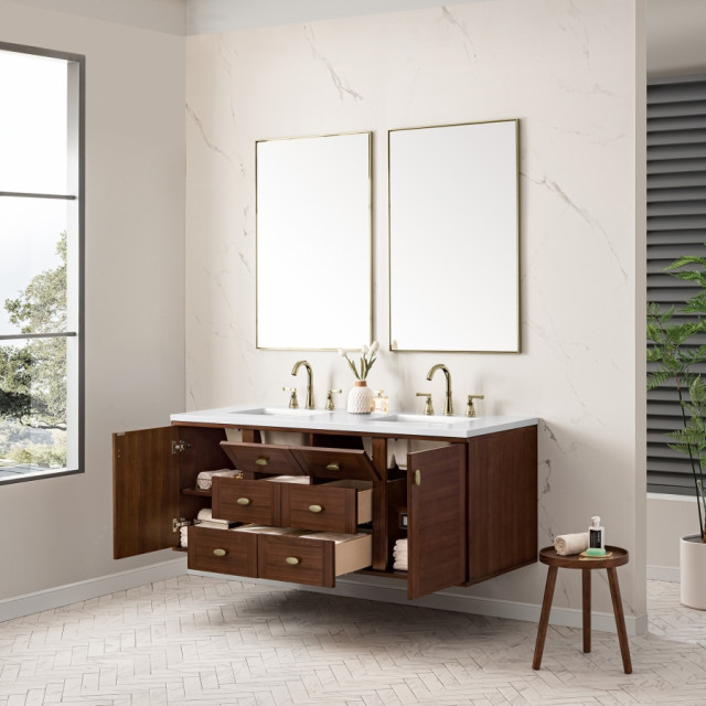 60" Modern Mid-Century Walnut Double Sink Bathroom Vanity, James Martin ...
