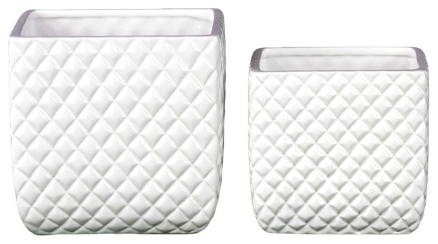 Ceramic Pots With Diagonal Pattern Set Of Two - White
