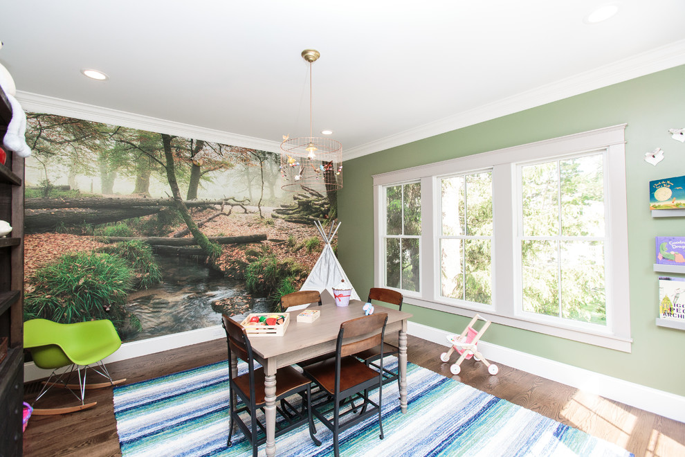 This is an example of a large country gender-neutral kids' room in Boston with dark hardwood floors.