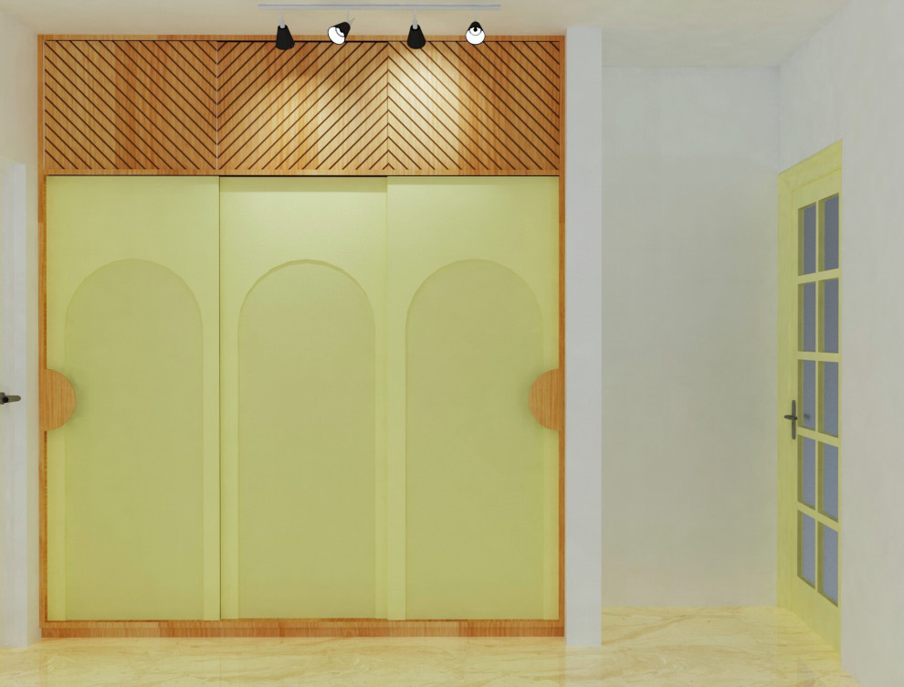 Inspiration for a contemporary gender-neutral storage and wardrobe in Ahmedabad with flat-panel cabinets, yellow cabinets and exposed beam.