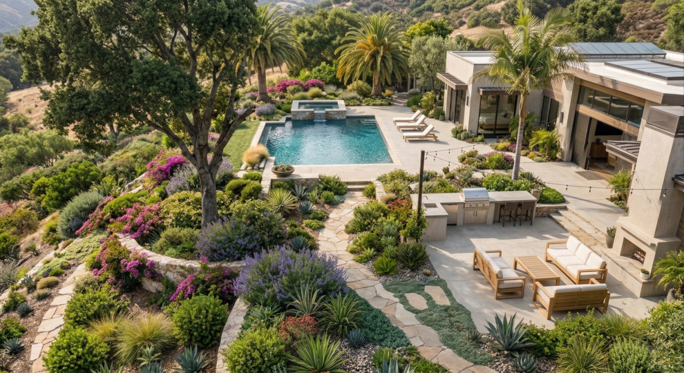 Inspiration for a large mediterranean backyard stone and rectangular pool remodel in Los Angeles with a bbq area