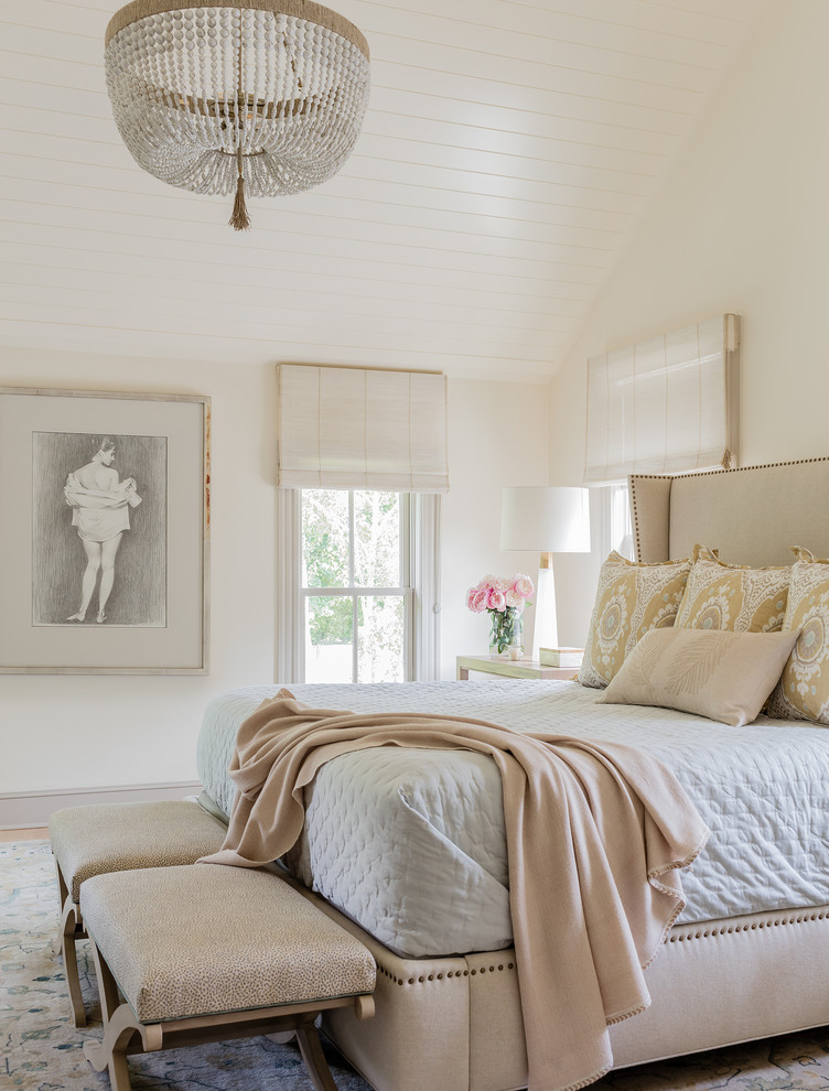 This is an example of a traditional master bedroom in Boston with white walls and no fireplace.