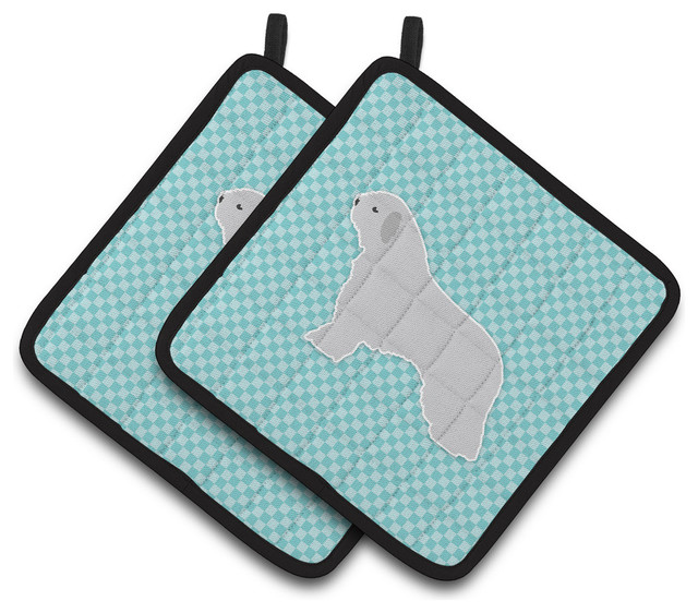 Spanish Water Dog Checkerboard Blue Pot Holders, Set of 2