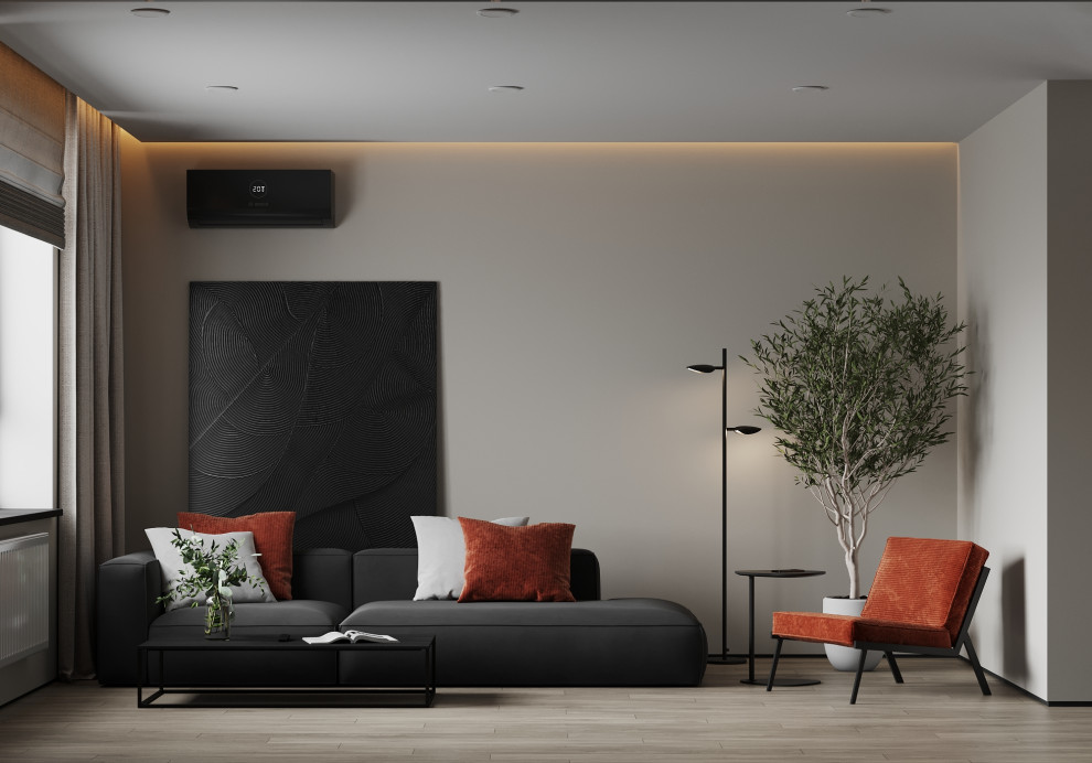 Идея дизайна: изолированная, серо-белая гостиная комната среднего размера:: освещение в современном стиле с серыми стенами, паркетным полом среднего тона, телевизором на стене и бежевым полом