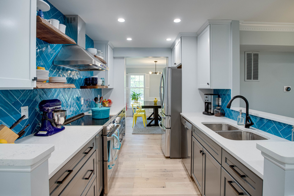Kitchen - mid-sized transitional galley kitchen idea in DC Metro with an undermount sink, shaker cabinets, quartz countertops, blue backsplash, stainless steel appliances and no island