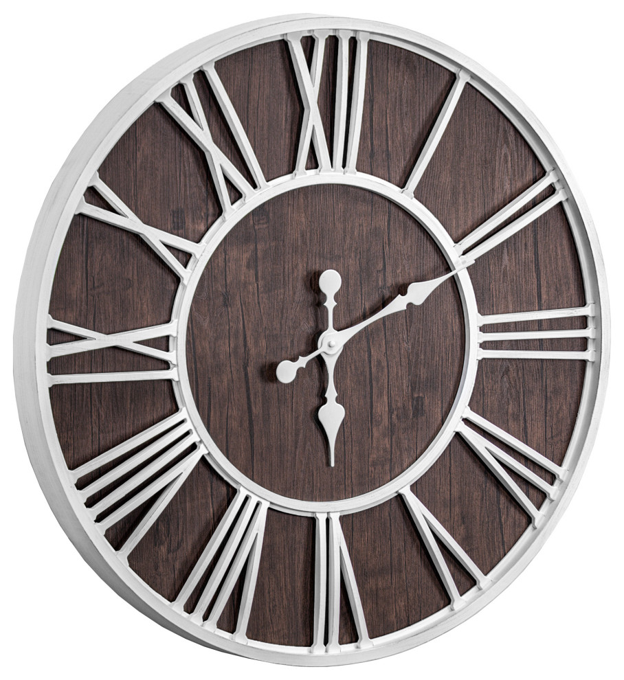 Oversized Wall Clock White/Dark Brown Wood Veneer 30