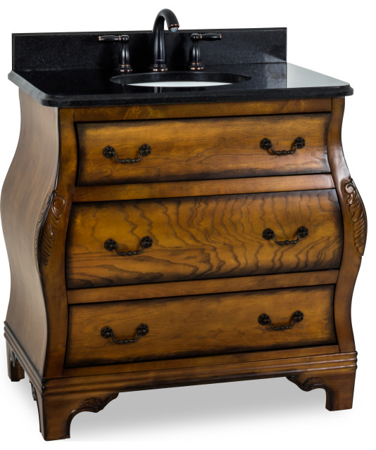 34" Walnut Burled Vanity,Antique Brass Hardware,Black Granite Top,Bowl