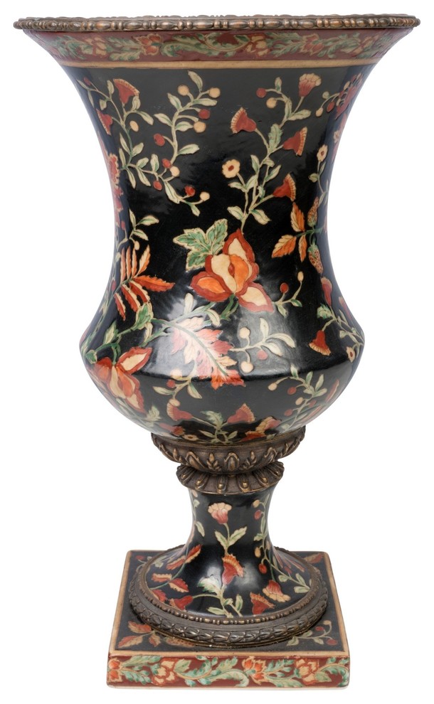 Beautiful Floral Motif Porcelain Bowl Pot Brass Ormolu Accents 10" 