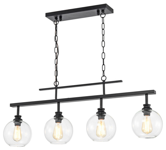 4-Light Antique Black Linear Kitchen Island Chandelier With Clear Glass Shades