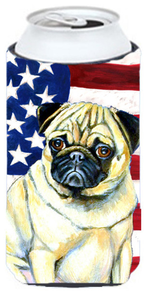 USA American Flag with Pug Tall Boy Koozie Hugger