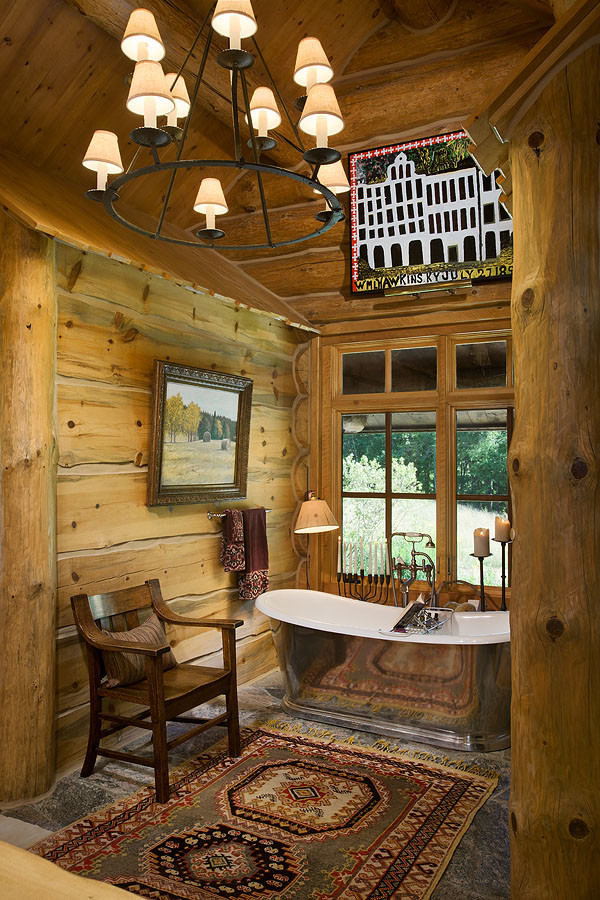 Expansive country master bathroom in Chicago with a freestanding tub and brown walls.